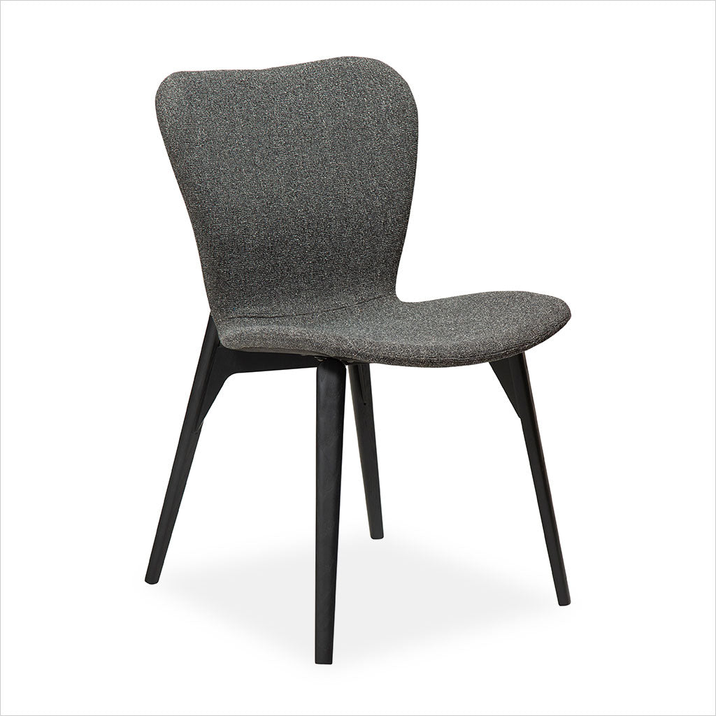 grey fabric dining chair with black legs
