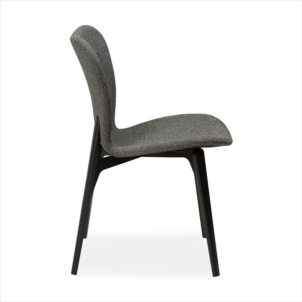 grey fabric dining chair with black legs