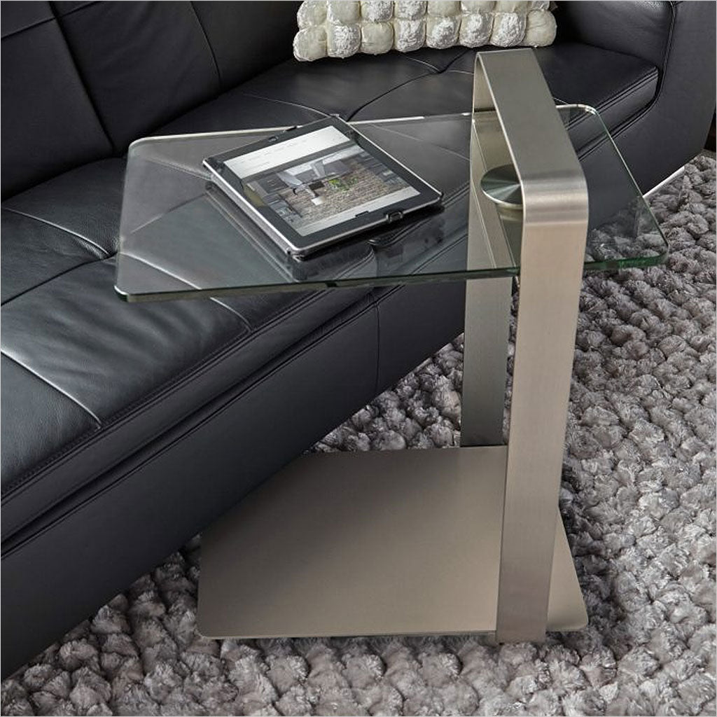 mobile lap top table in metal with glass top