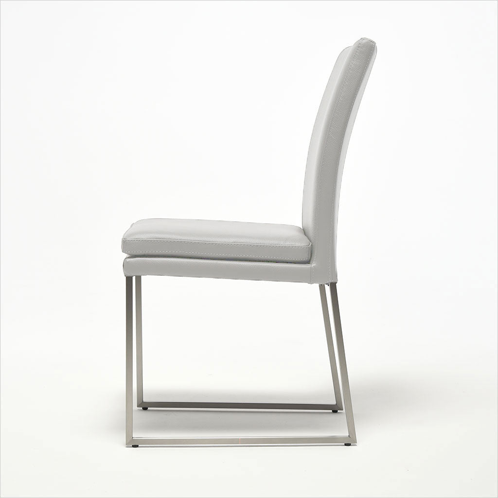 light grey leather dining chair with metal base