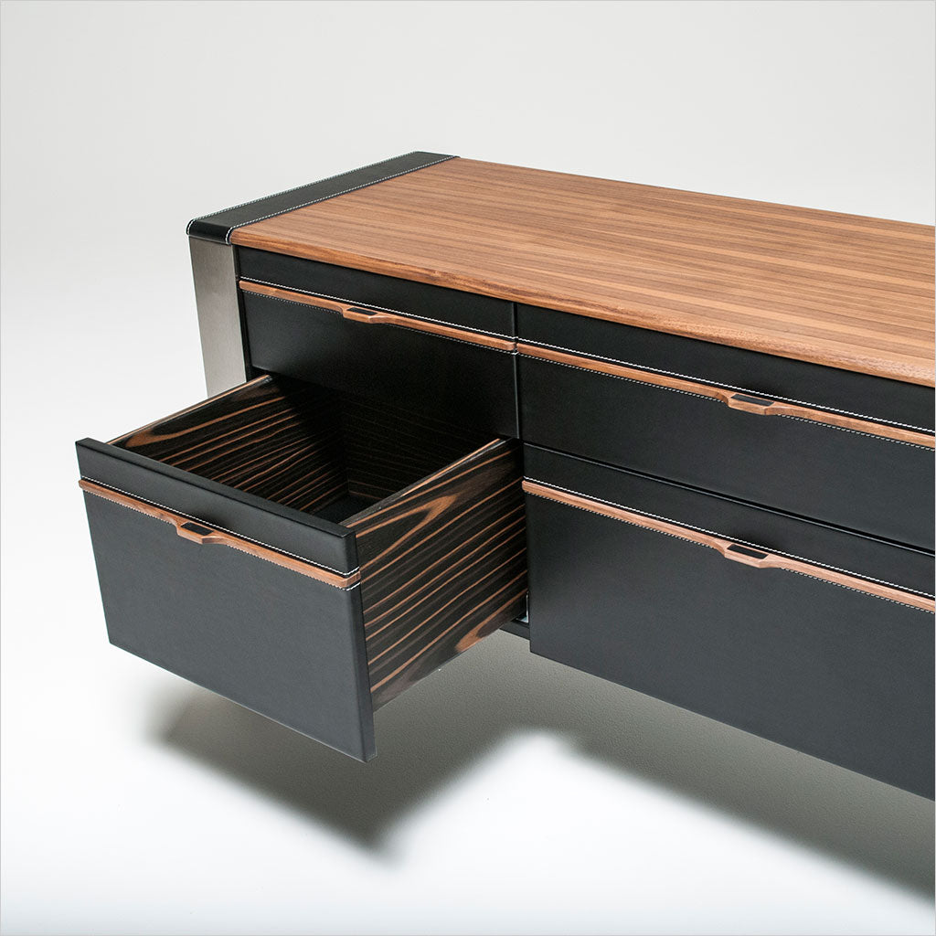 credenza in walnut and black leather