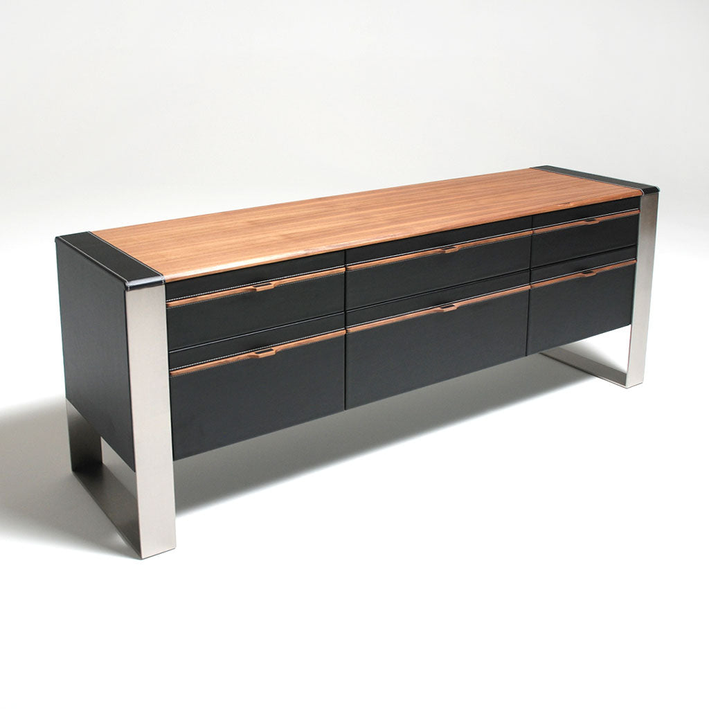 credenza in walnut and black leather