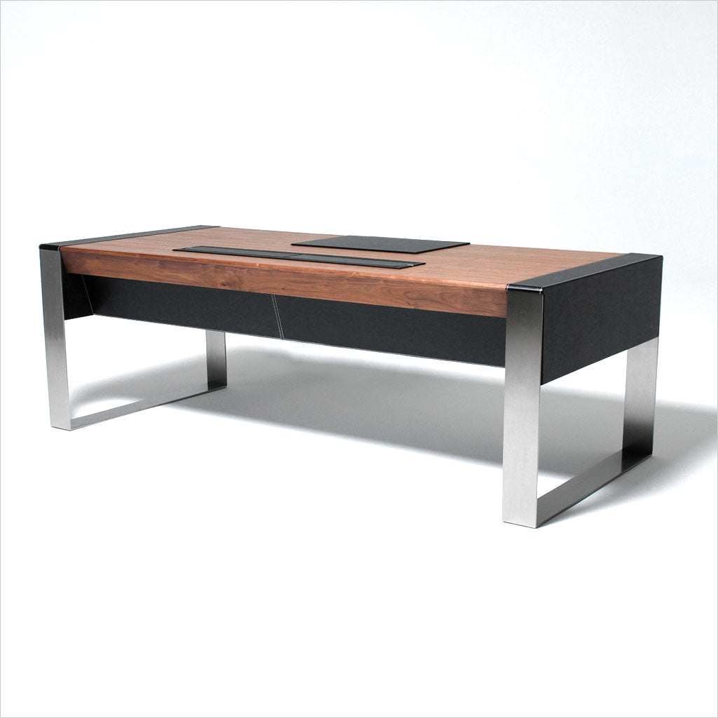 walnut and black leather desk