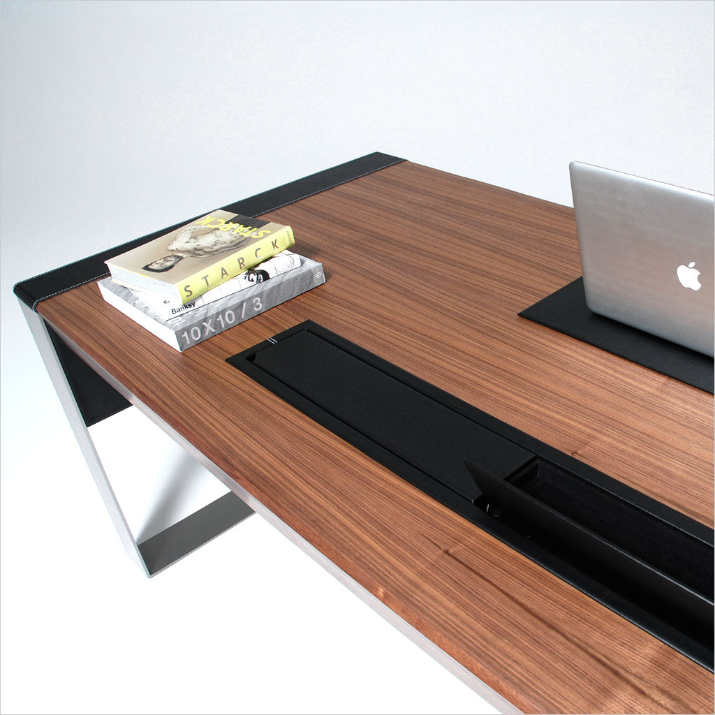 walnut and black leather desk