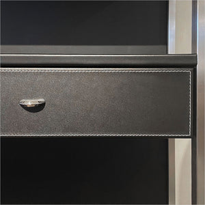 stainless steel bookcase with leather and contrast stitch
