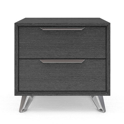 grey 2-drawer nightstand with metal accents