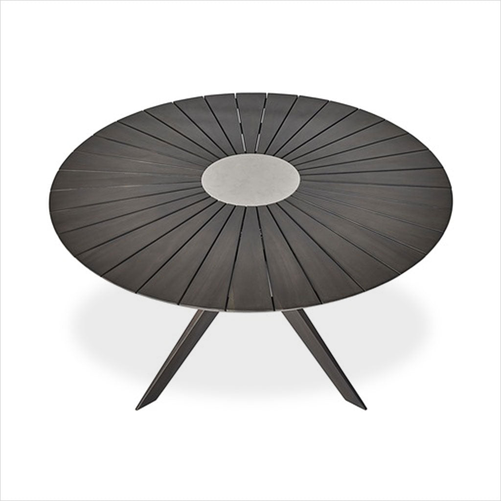 round outdoor dining table in grey eucalyptus