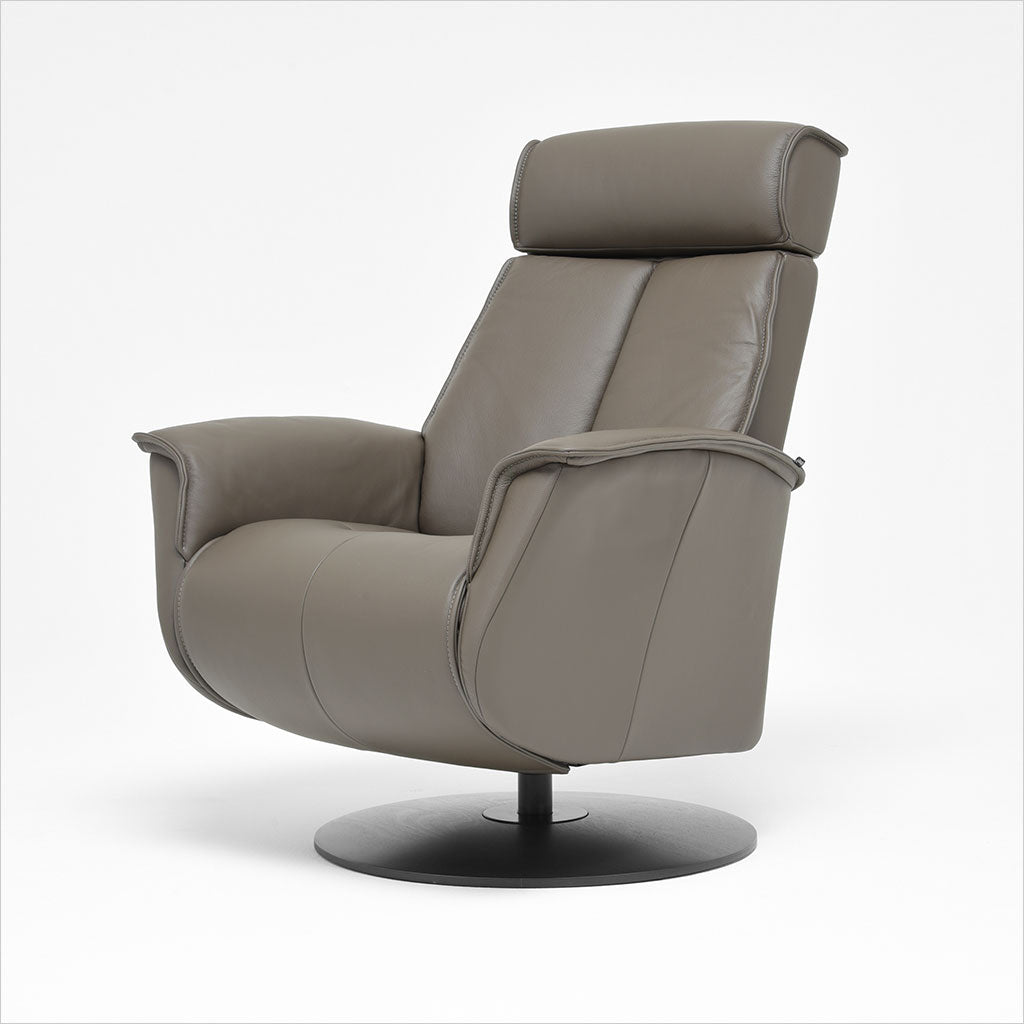 brown leather recliner with charcoal wood base