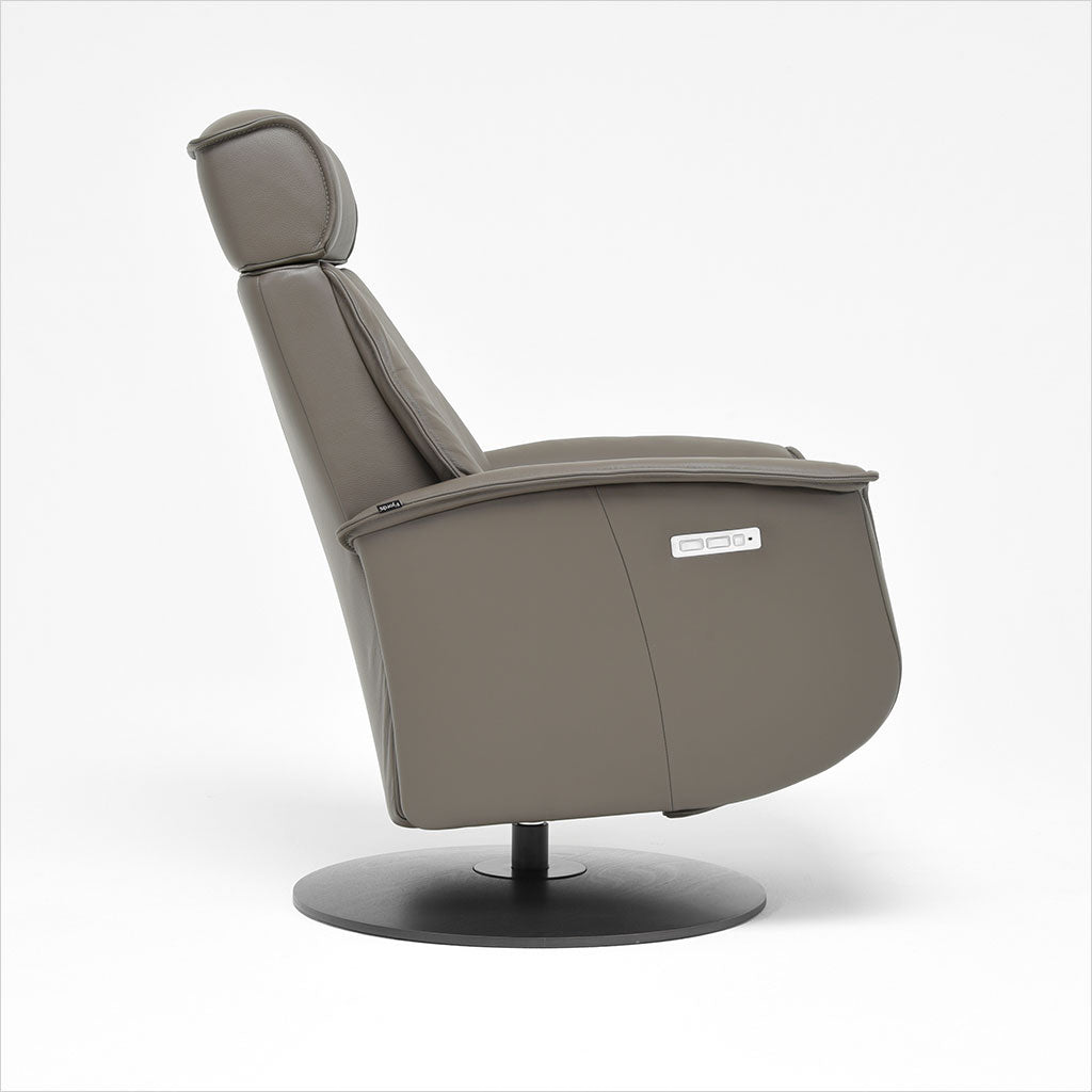 brown leather recliner with charcoal wood base