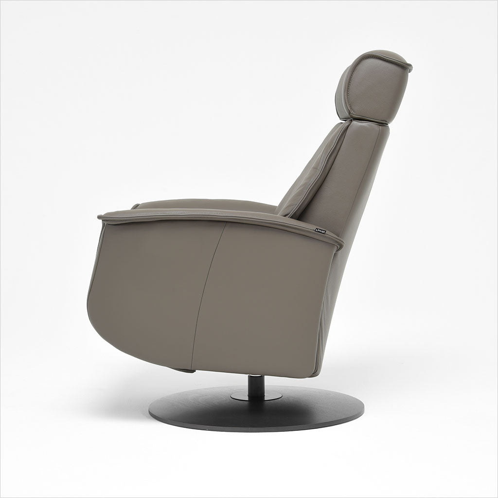 brown leather recliner with charcoal wood base