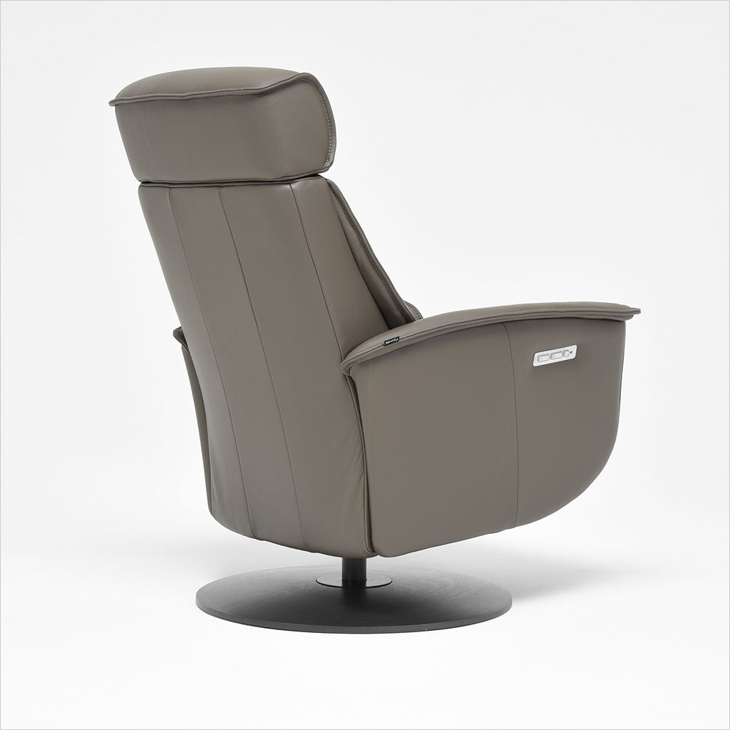 brown leather recliner with charcoal wood base