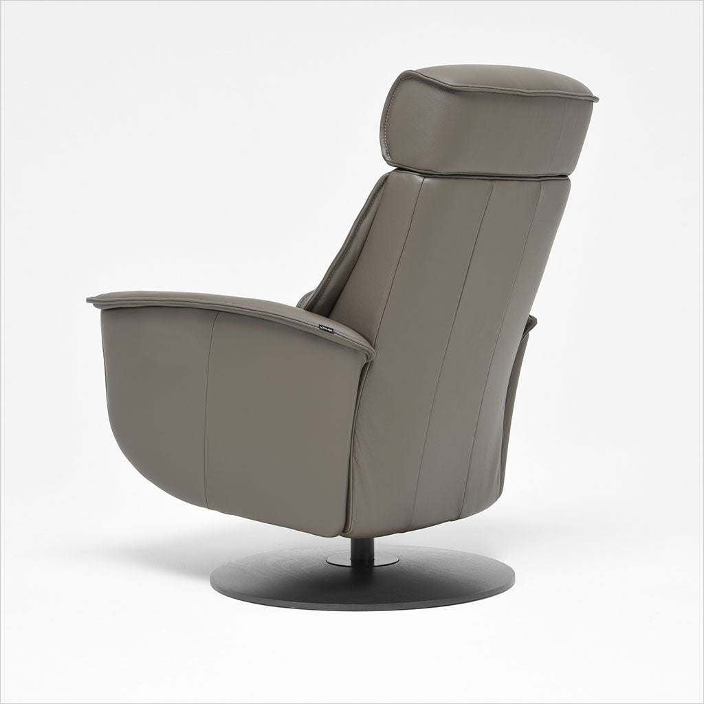 brown leather recliner with charcoal wood base