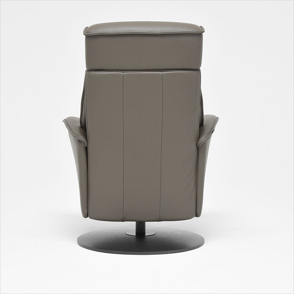 brown leather recliner with charcoal wood base