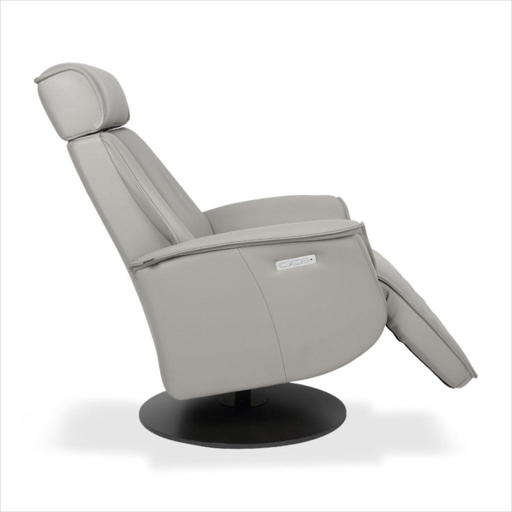 grey leather recliner with charcoal wood base