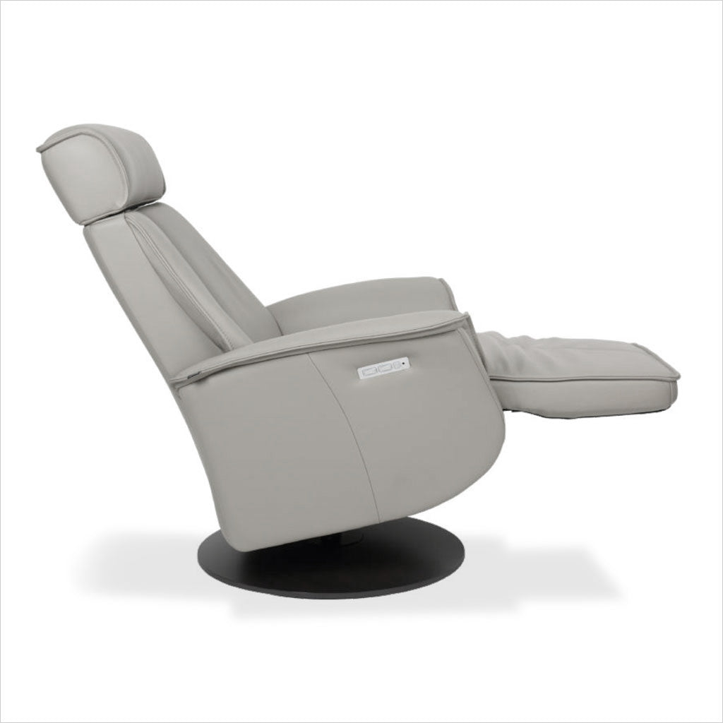 grey leather recliner with charcoal wood base