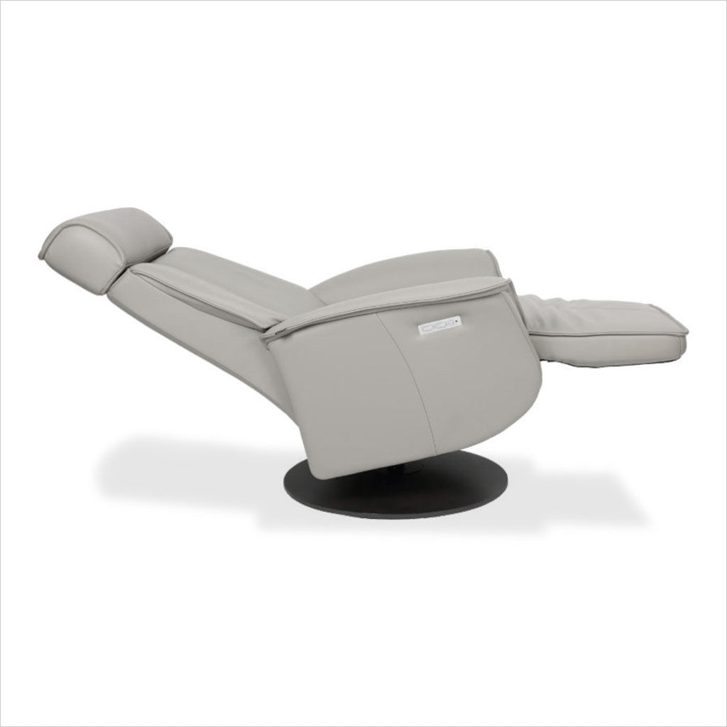 grey leather recliner with charcoal wood base