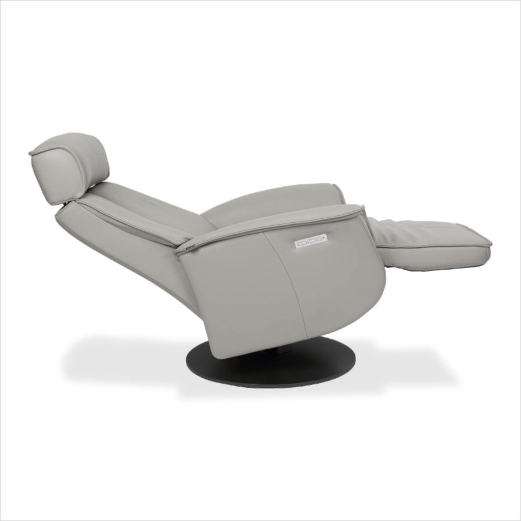 grey leather recliner with charcoal wood base