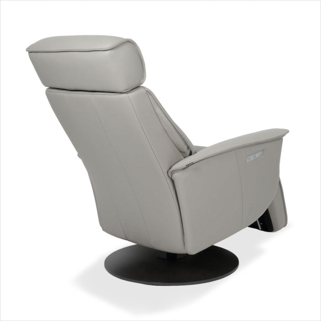 grey leather recliner with charcoal wood base