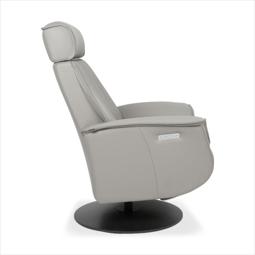 grey leather recliner with charcoal wood base