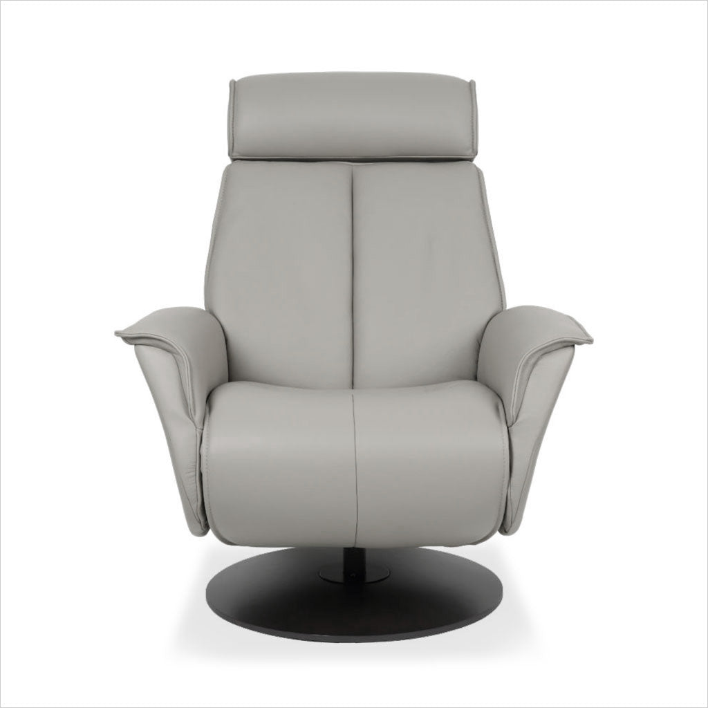 grey leather recliner with charcoal wood base