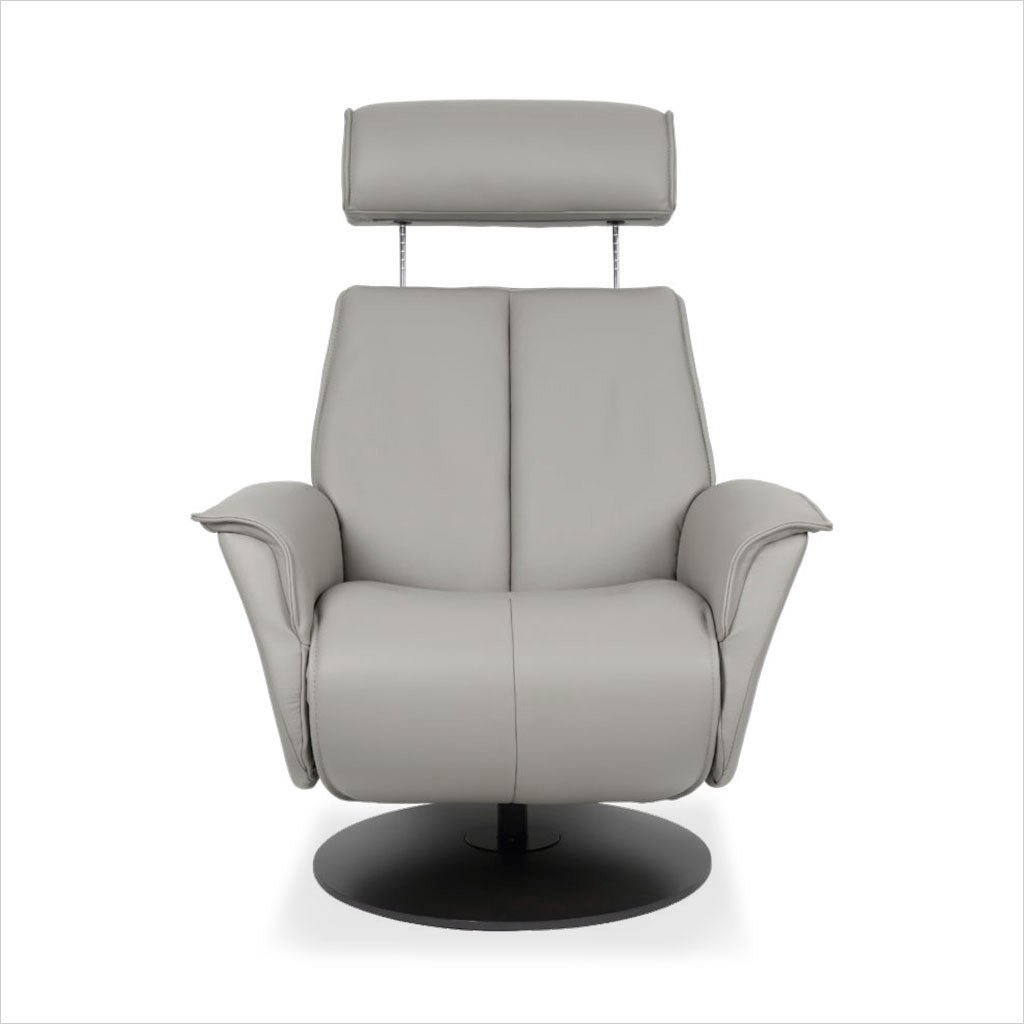 grey leather recliner with charcoal wood base