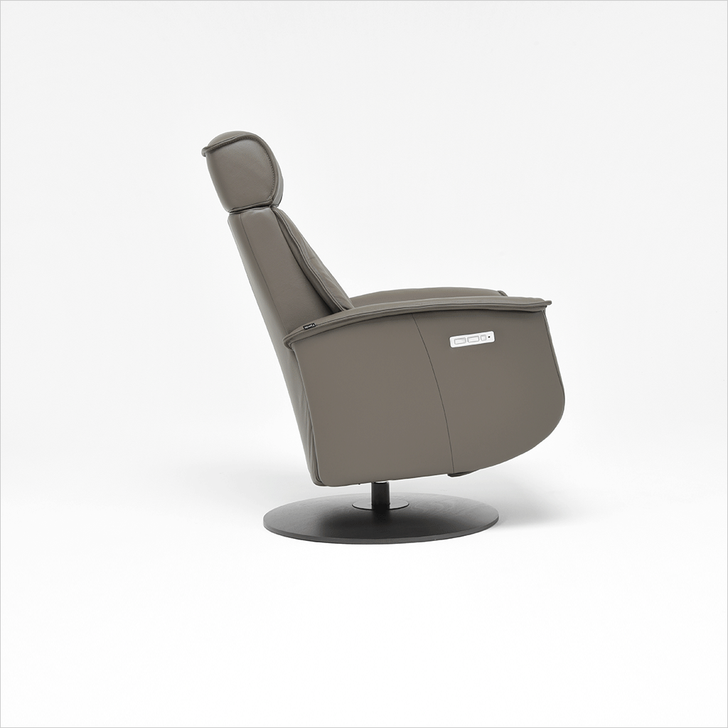 brown leather recliner with charcoal wood base