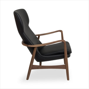 leather armchair with oiled walnut frame