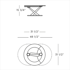 schematic of coffee table with 2 round, synchronized swivel glass tops