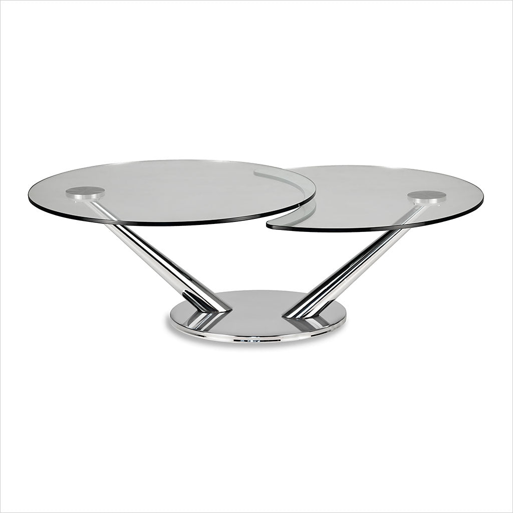 coffee table with 2 round, synchronized swivel glass tops