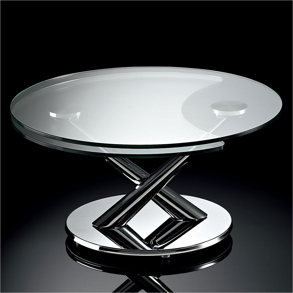 coffee table with 2 round, synchronized swivel glass tops