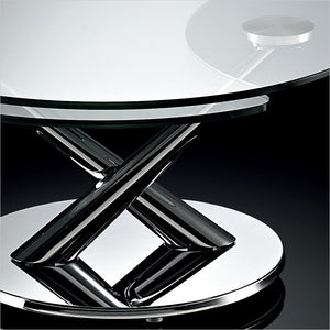 coffee table with 2 round, synchronized swivel glass tops