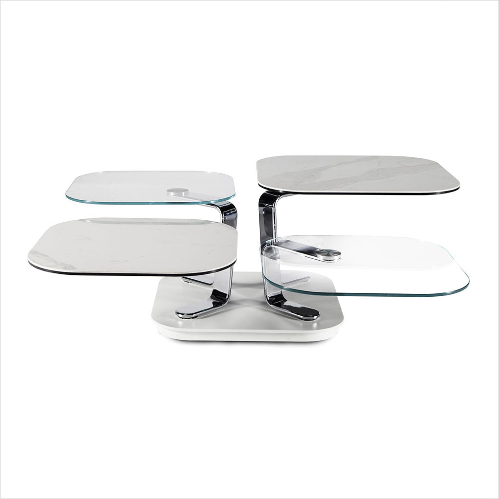 coffee table with 4 square, synchronized swivel tops