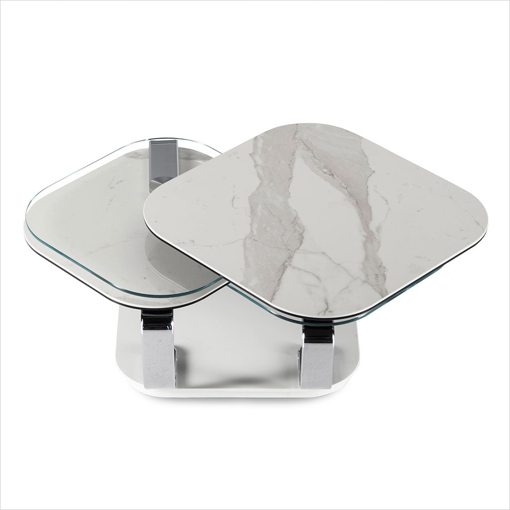 coffee table with 4 square, synchronized swivel tops