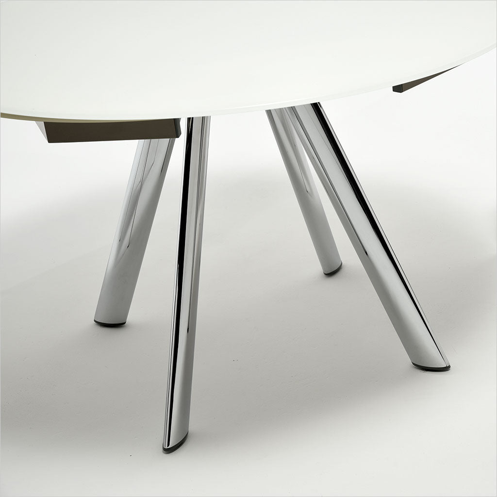 expandable, round glass top table with metal legs