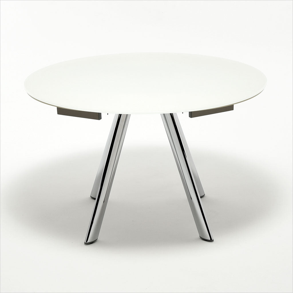 expandable, round glass top table with metal legs