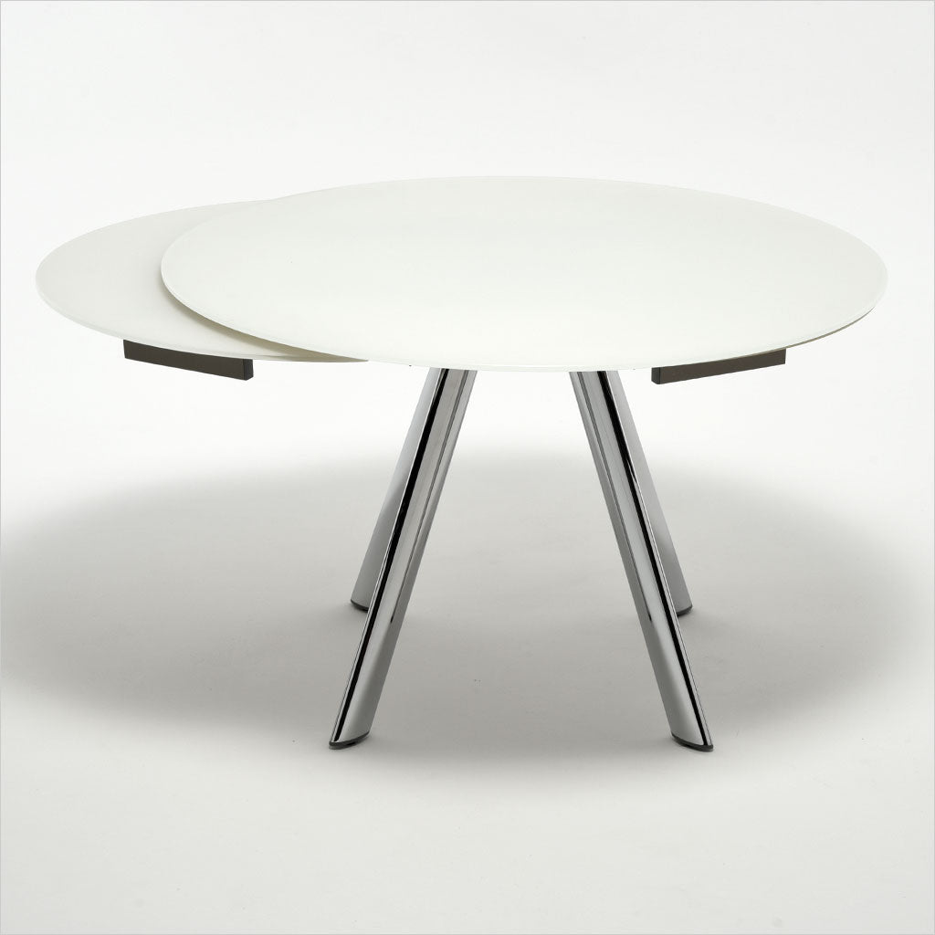 expandable, round glass top table with metal legs