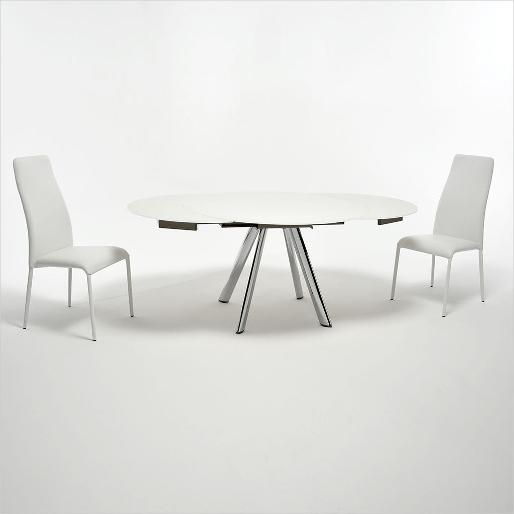 expandable, round glass top table with metal legs
