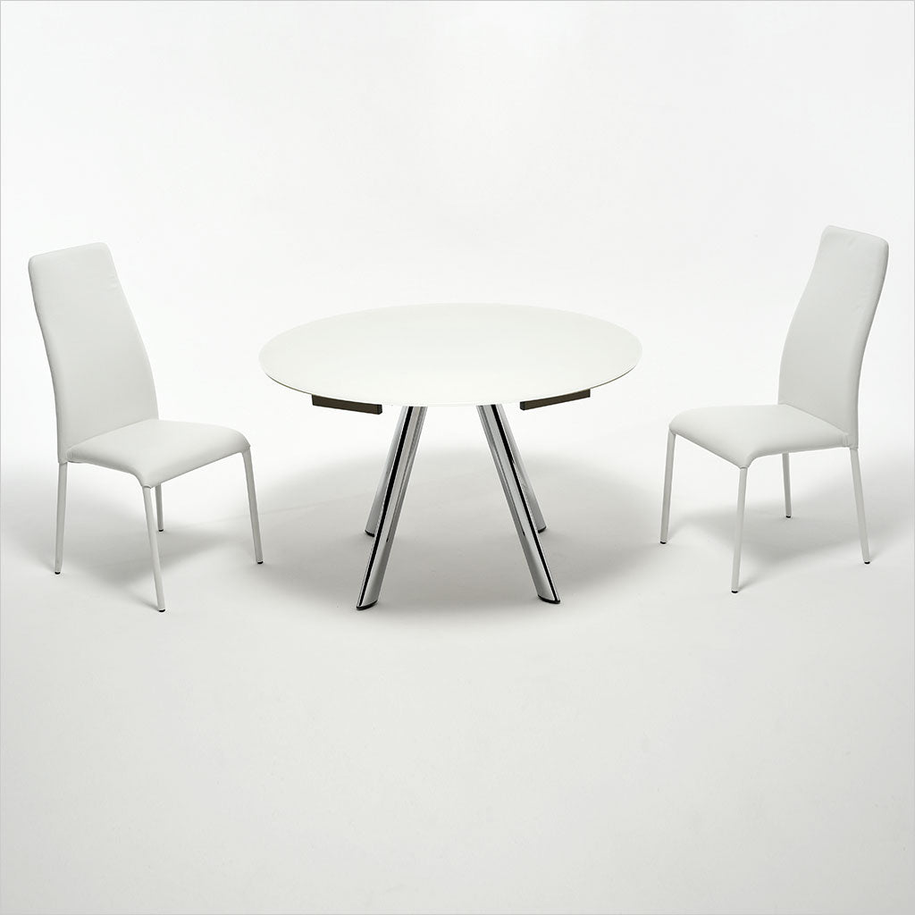 expandable, round glass top table with metal legs
