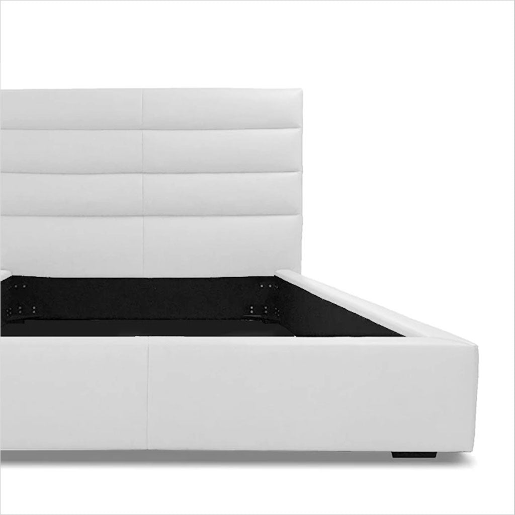 leather platform bed with tall headboard