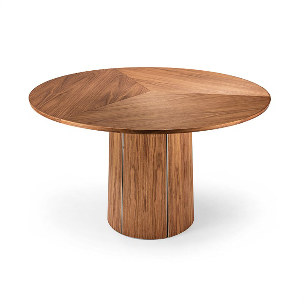 round dining table with extension leaves and pedestal base