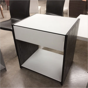 nightstand in grey with glass front and top