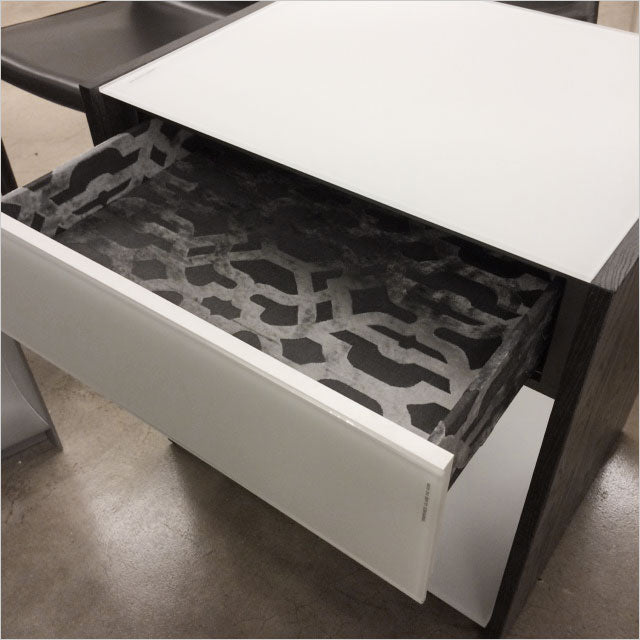 nightstand in grey with glass front and top