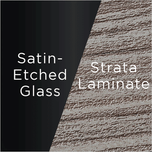 satin-etched black glass and grey strata laminate swatch